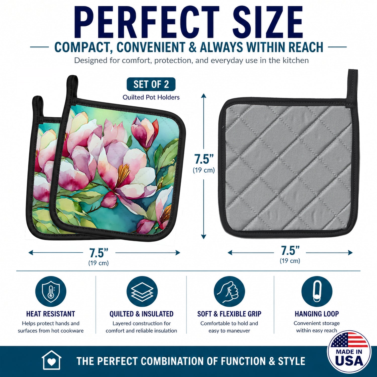 Louisiana Magnolias in Watercolor Pot Holder Set of 2 Heat Resistant Quilted Hot Pads 7.5 x 7.5 Inch, Insulated Kitchen Trivets for Cooking & Baking
