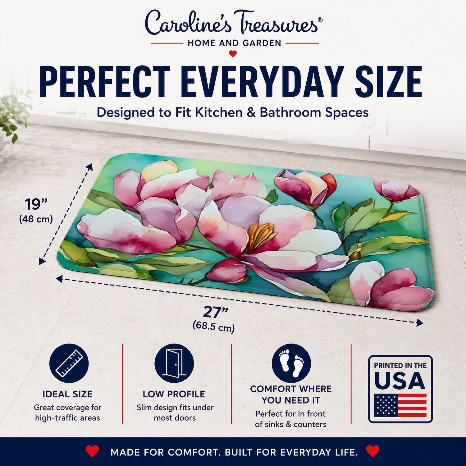 Louisiana Magnolias in Watercolor Memory Foam Kitchen Mat Machine Washable Anti-Fatigue Cushion Comfort Bath or Kitchen Rug