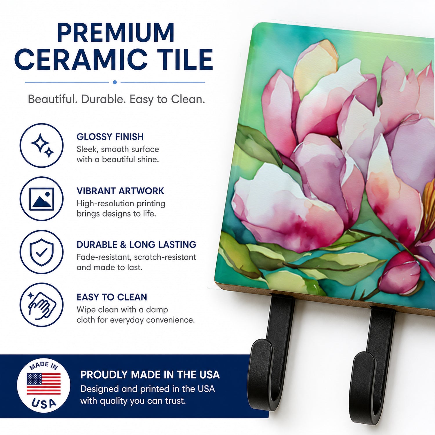 Louisiana Magnolias in Watercolor Leash or Key Holder Wall Hooks, Coat Rack Wall Mount, for Hanging Keys, Towels, Aprons, Leashes