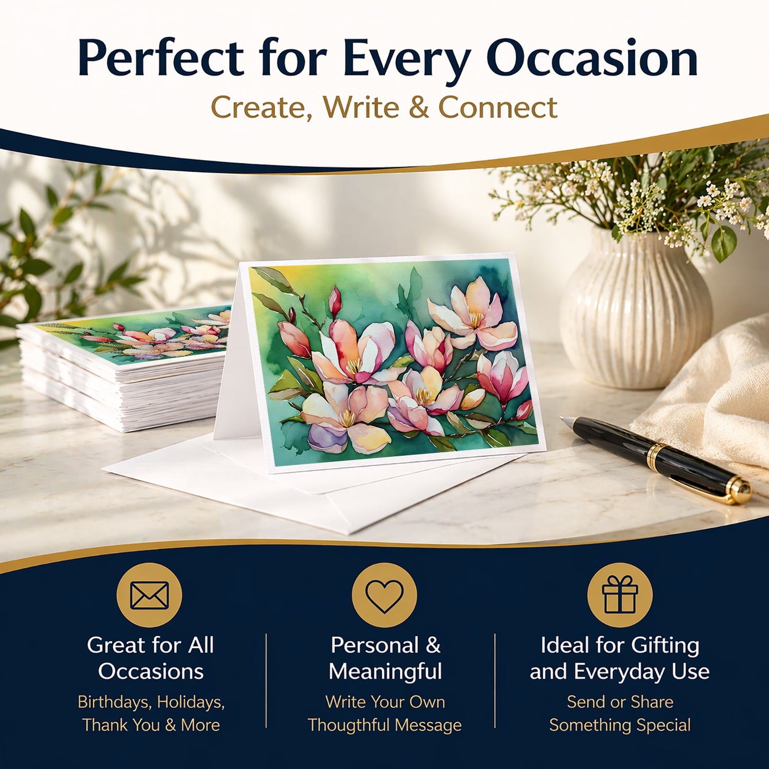 Louisiana Magnolias in Watercolor Greeting Cards Pack of 8 Blank Cards with Envelopes Whimsical A7 Size 5x7