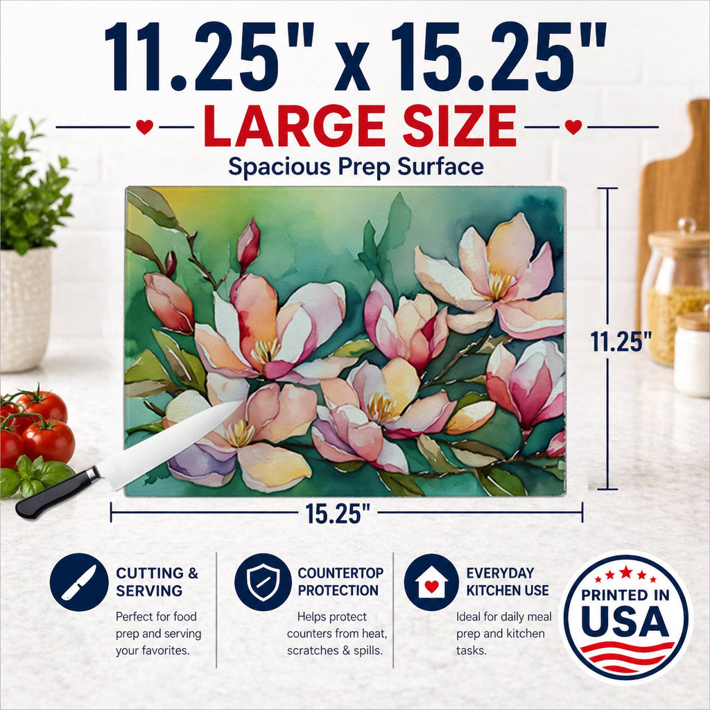 Louisiana Magnolias in Watercolor Cutting Board Tempered Glass Kitchen Cutting Surface, Heat Resistant Chopping, Non-Slip Feet, Food Prep & Serving