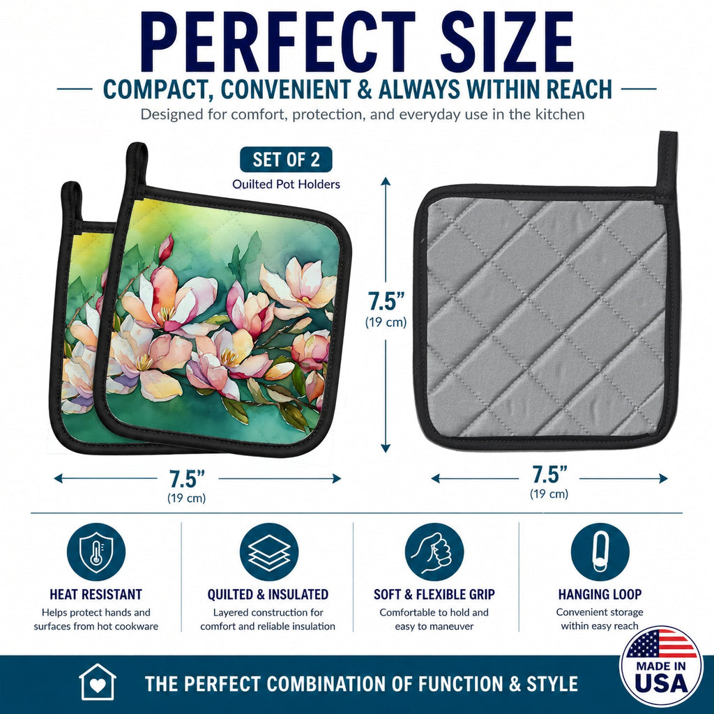 Louisiana Magnolias in Watercolor Pot Holder Set of 2 Heat Resistant Quilted Hot Pads 7.5 x 7.5 Inch, Insulated Kitchen Trivets for Cooking & Baking