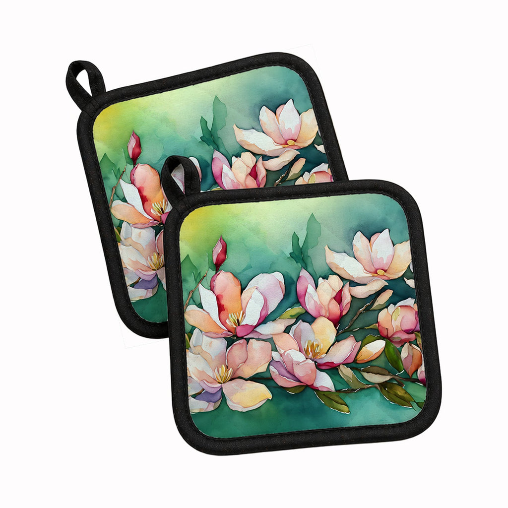 Louisiana Magnolias in Watercolor Pot Holder Set of 2 Heat Resistant Quilted Hot Pads 7.5 x 7.5 Inch, Insulated Kitchen Trivets for Cooking & Baking