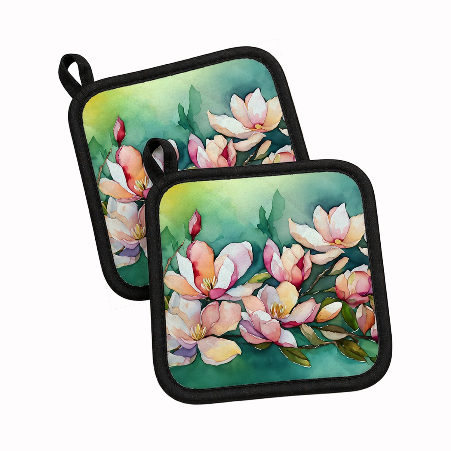 Louisiana Magnolias in Watercolor Pot Holder Set of 2 Heat Resistant Quilted Hot Pads 7.5 x 7.5 Inch, Insulated Kitchen Trivets for Cooking & Baking