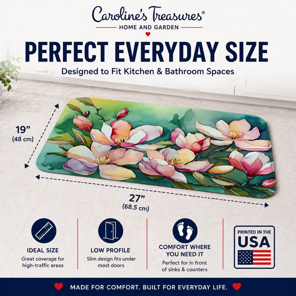 Louisiana Magnolias in Watercolor Memory Foam Kitchen Mat Machine Washable Anti-Fatigue Cushion Comfort Bath or Kitchen Rug