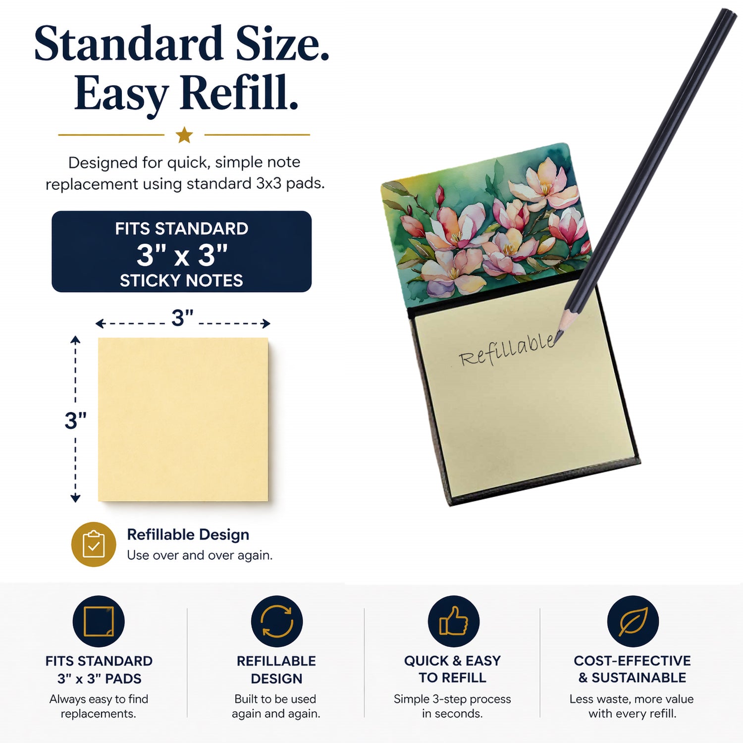 Louisiana Magnolias in Watercolor Watercolor Sticky Note Holder Refillable Dispenser Desk Accessory 3x3 Pad Gift