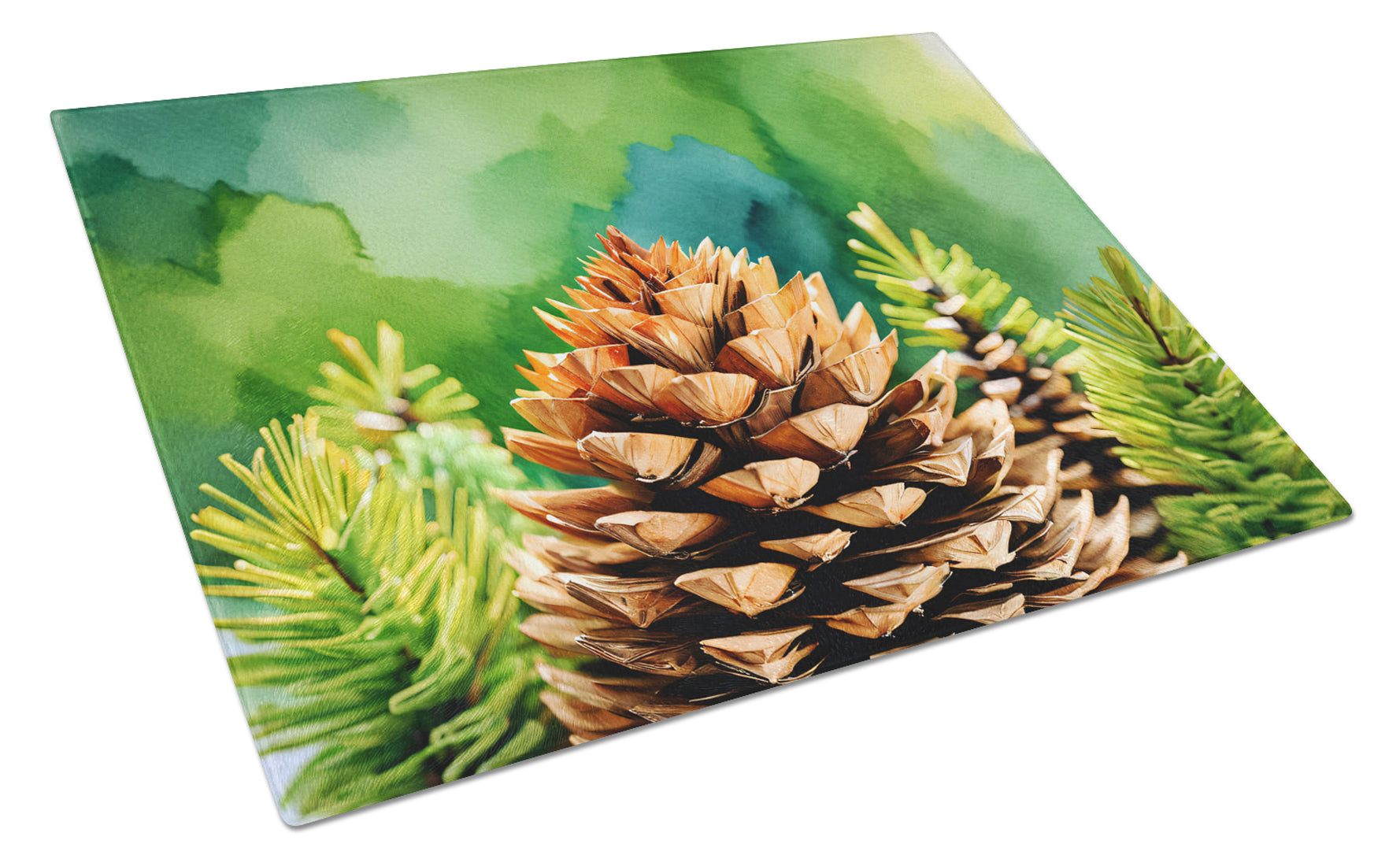 Maine White Pine Cone and Tassels in Watercolor Cutting Board Tempered Glass Kitchen Cutting Surface, Heat Resistant Chopping, Non-Slip Feet, Food Prep & Serving