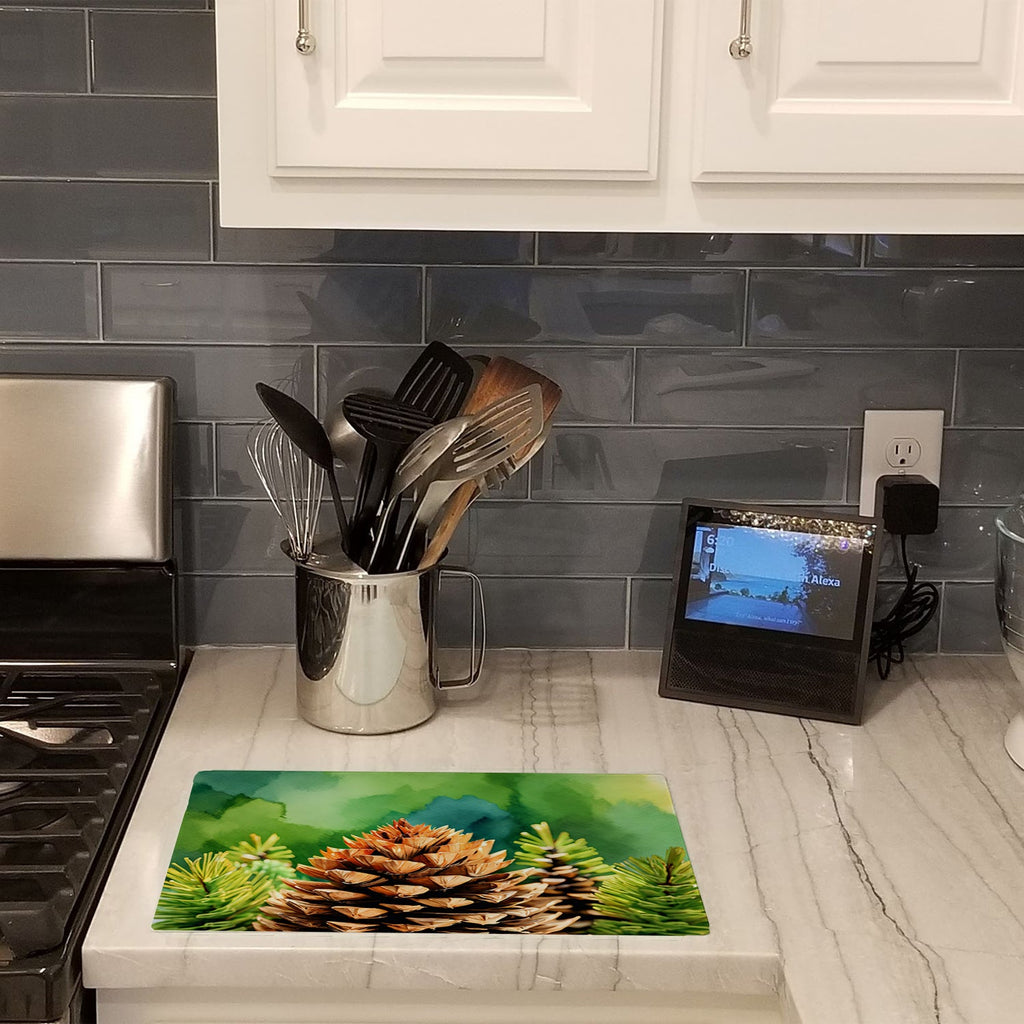 Maine White Pine Cone and Tassels in Watercolor Cutting Board Tempered Glass Kitchen Cutting Surface, Heat Resistant Chopping, Non-Slip Feet, Food Prep & Serving