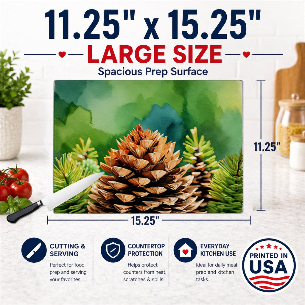 Maine White Pine Cone and Tassels in Watercolor Cutting Board Tempered Glass Kitchen Cutting Surface, Heat Resistant Chopping, Non-Slip Feet, Food Prep & Serving