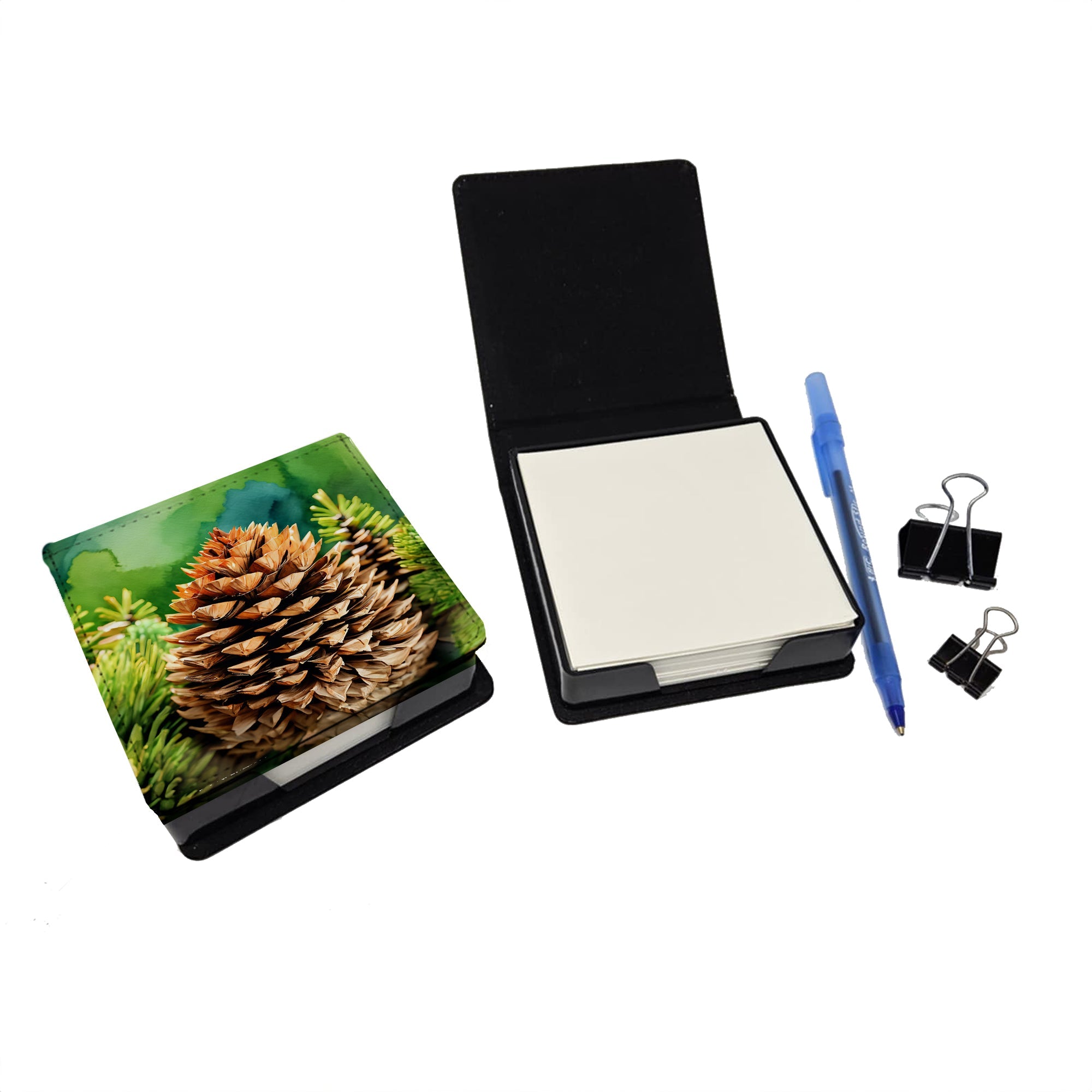 Maine White Pine Cone and Tassels in Watercolor PU Leather Note Paper Holder with Artist-Designed Cover, Desk Accessory, Office Gift