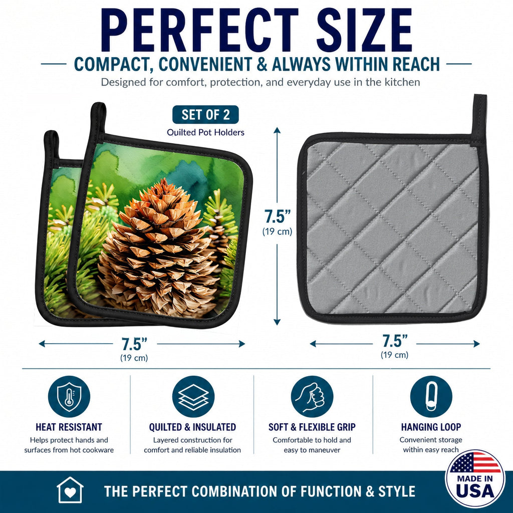Maine White Pine Cone and Tassels in Watercolor Pot Holder Set of 2 Heat Resistant Quilted Hot Pads 7.5 x 7.5 Inch, Insulated Kitchen Trivets for Cooking & Baking