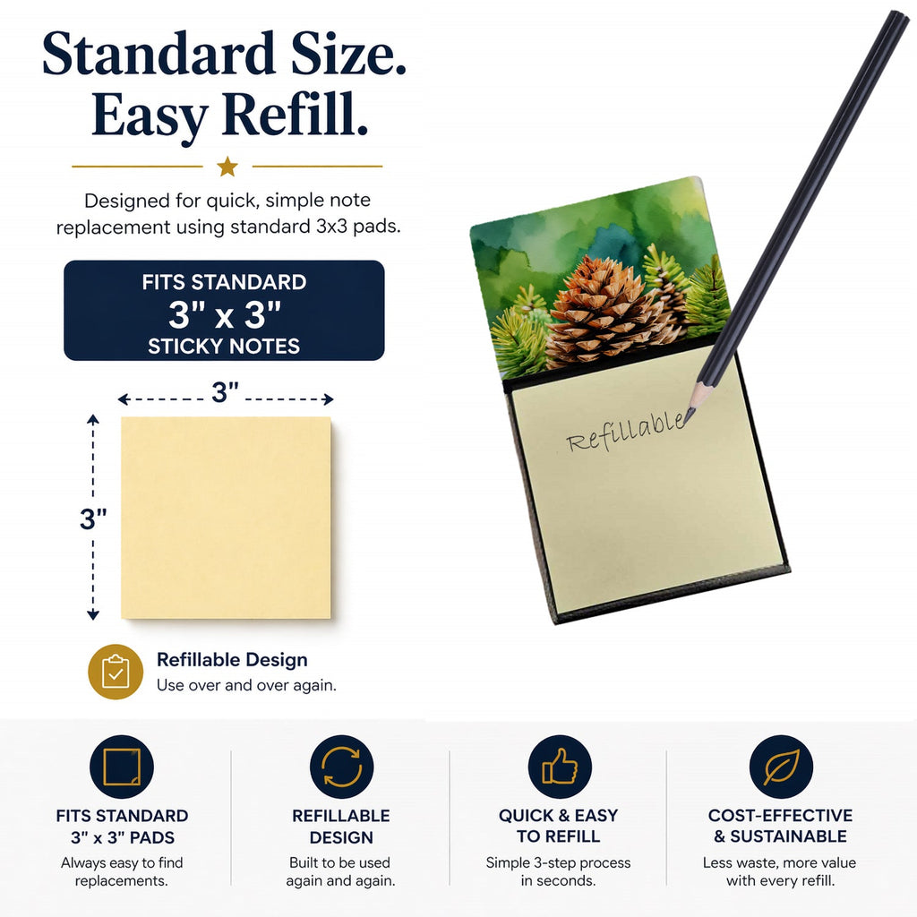 Maine White Pine Cone and Tassels in Watercolor Watercolor Sticky Note Holder Refillable Dispenser Desk Accessory 3x3 Pad Gift