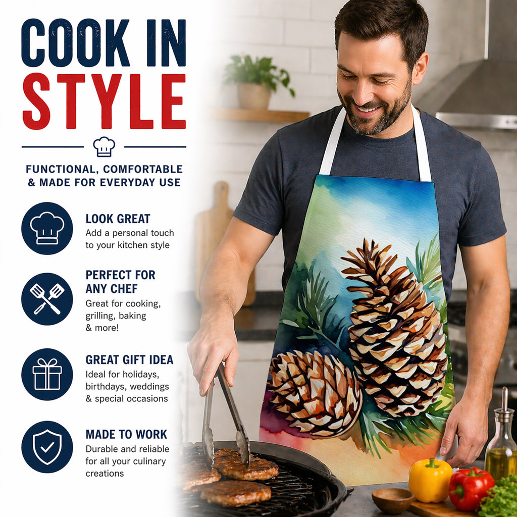 Maine White Pine Cone and Tassels in Watercolor Apron Cooking Kitchen Server Baking Crafts Gardening for Adult Women Men, Unisex, Large, Multicolor