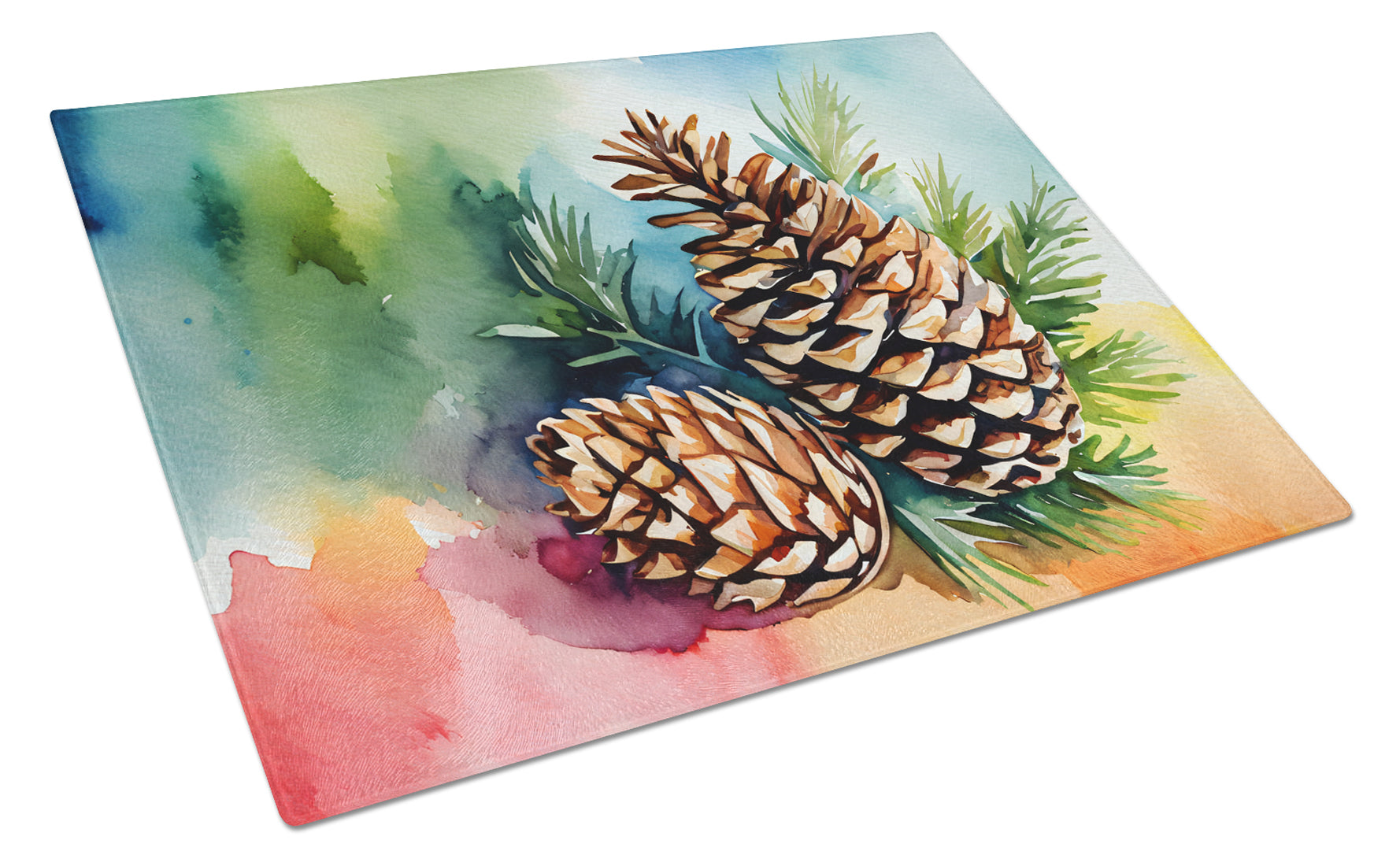 Maine White Pine Cone and Tassels in Watercolor Cutting Board Tempered Glass Kitchen Cutting Surface, Heat Resistant Chopping, Non-Slip Feet, Food Prep & Serving