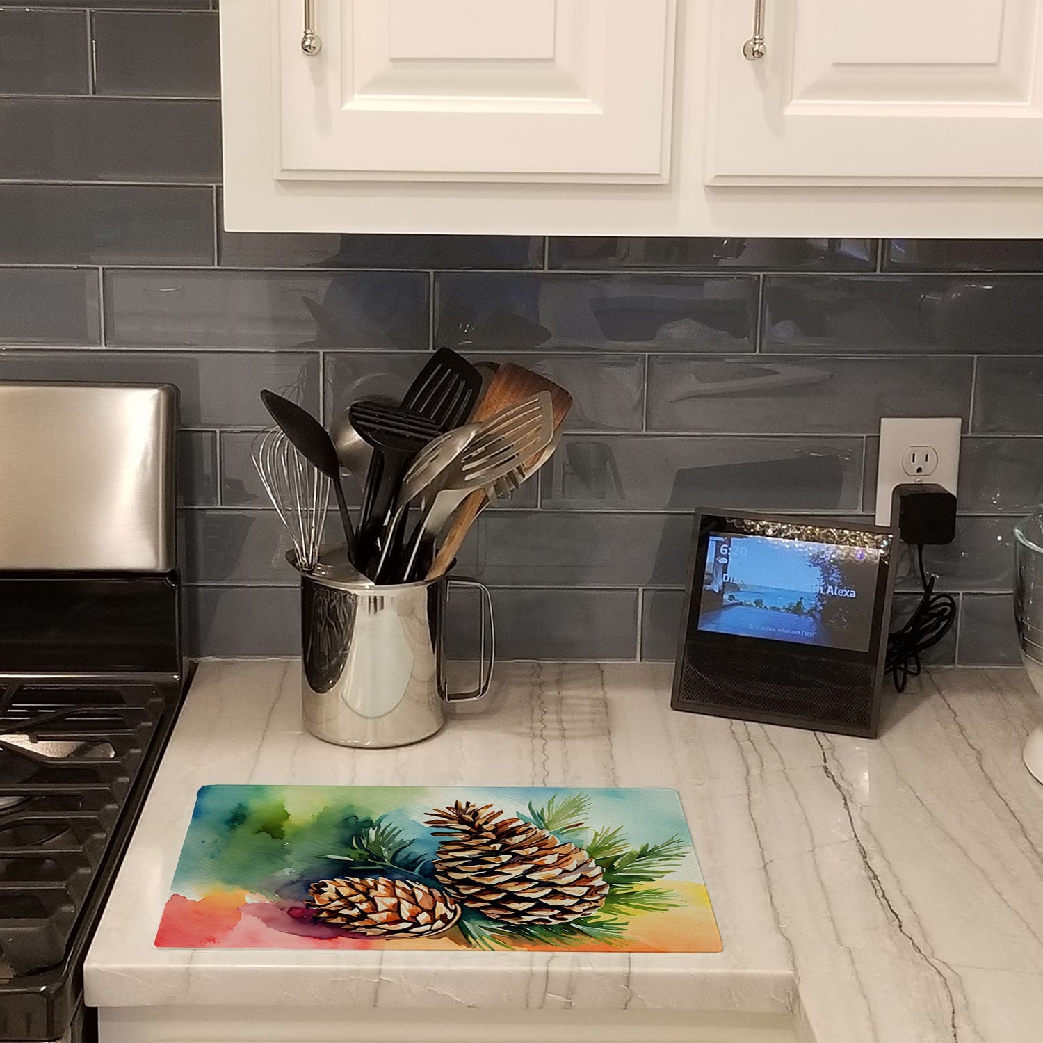Maine White Pine Cone and Tassels in Watercolor Cutting Board Tempered Glass Kitchen Cutting Surface, Heat Resistant Chopping, Non-Slip Feet, Food Prep & Serving