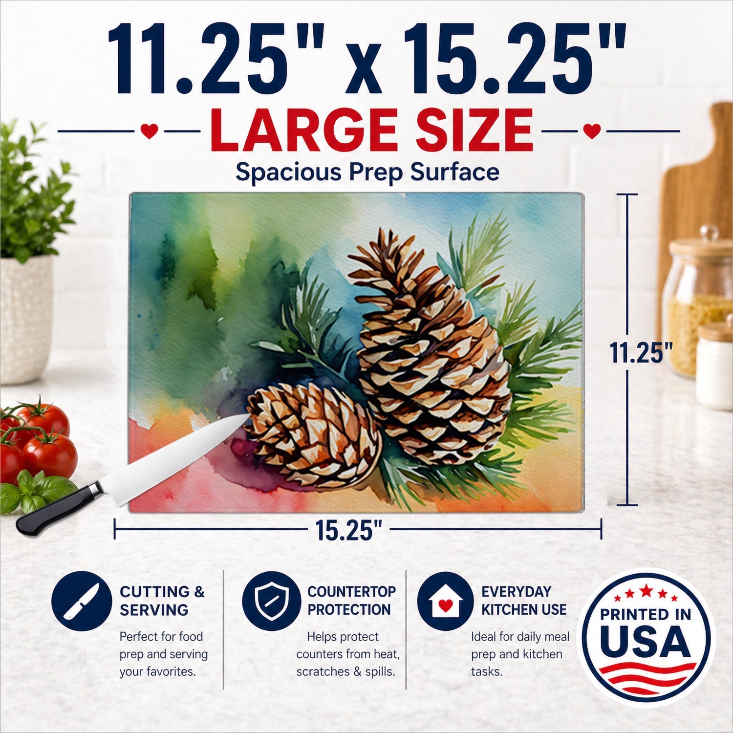 Maine White Pine Cone and Tassels in Watercolor Cutting Board Tempered Glass Kitchen Cutting Surface, Heat Resistant Chopping, Non-Slip Feet, Food Prep & Serving