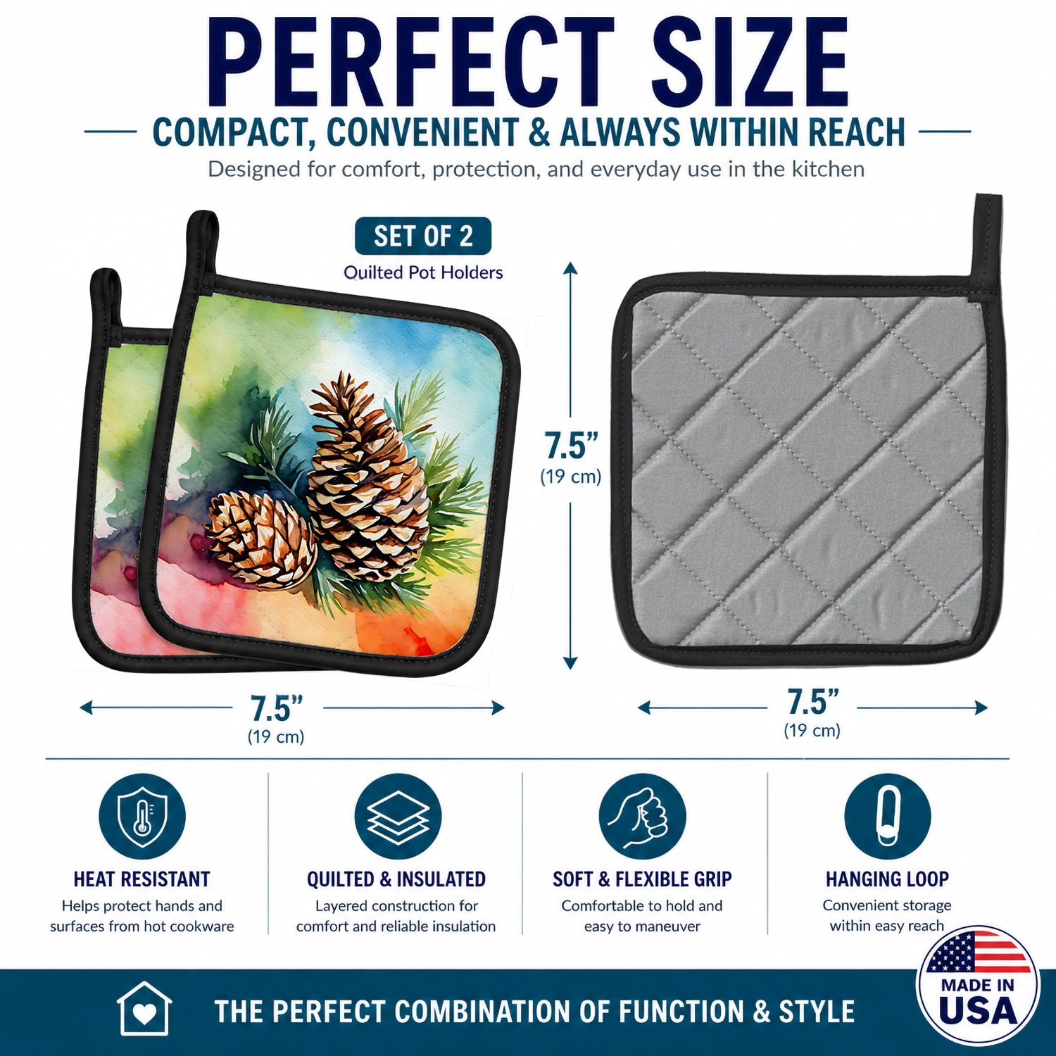 Maine White Pine Cone and Tassels in Watercolor Pot Holder Set of 2 Heat Resistant Quilted Hot Pads 7.5 x 7.5 Inch, Insulated Kitchen Trivets for Cooking & Baking
