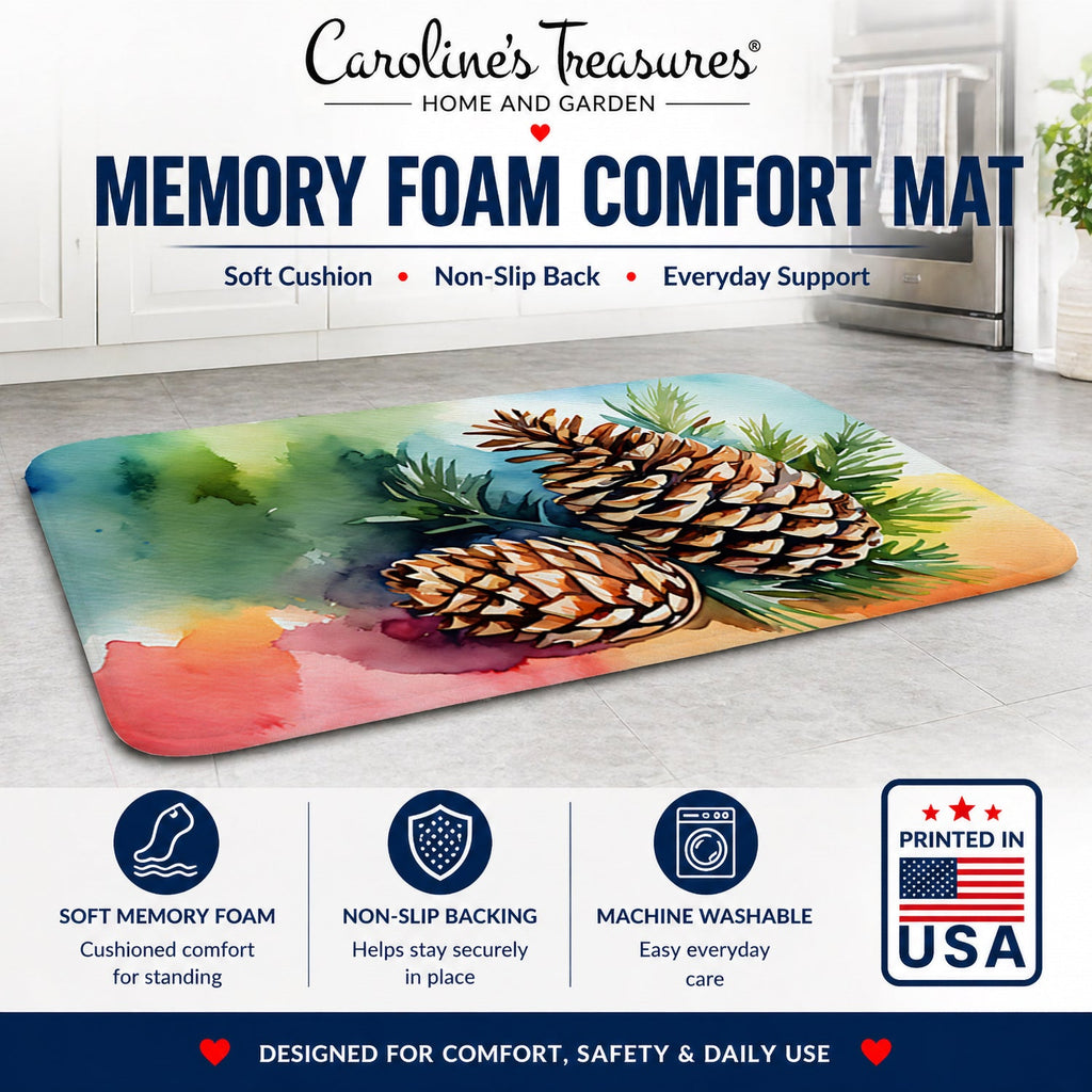 Maine White Pine Cone and Tassels in Watercolor Memory Foam Kitchen Mat Machine Washable Anti-Fatigue Cushion Comfort Bath or Kitchen Rug