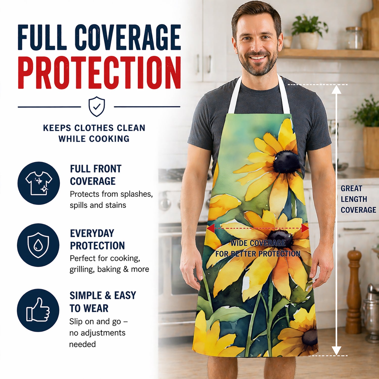Maryland Black-Eyed Susans in Watercolor Apron Cooking Kitchen Server Baking Crafts Gardening for Adult Women Men, Unisex, Large, Multicolor