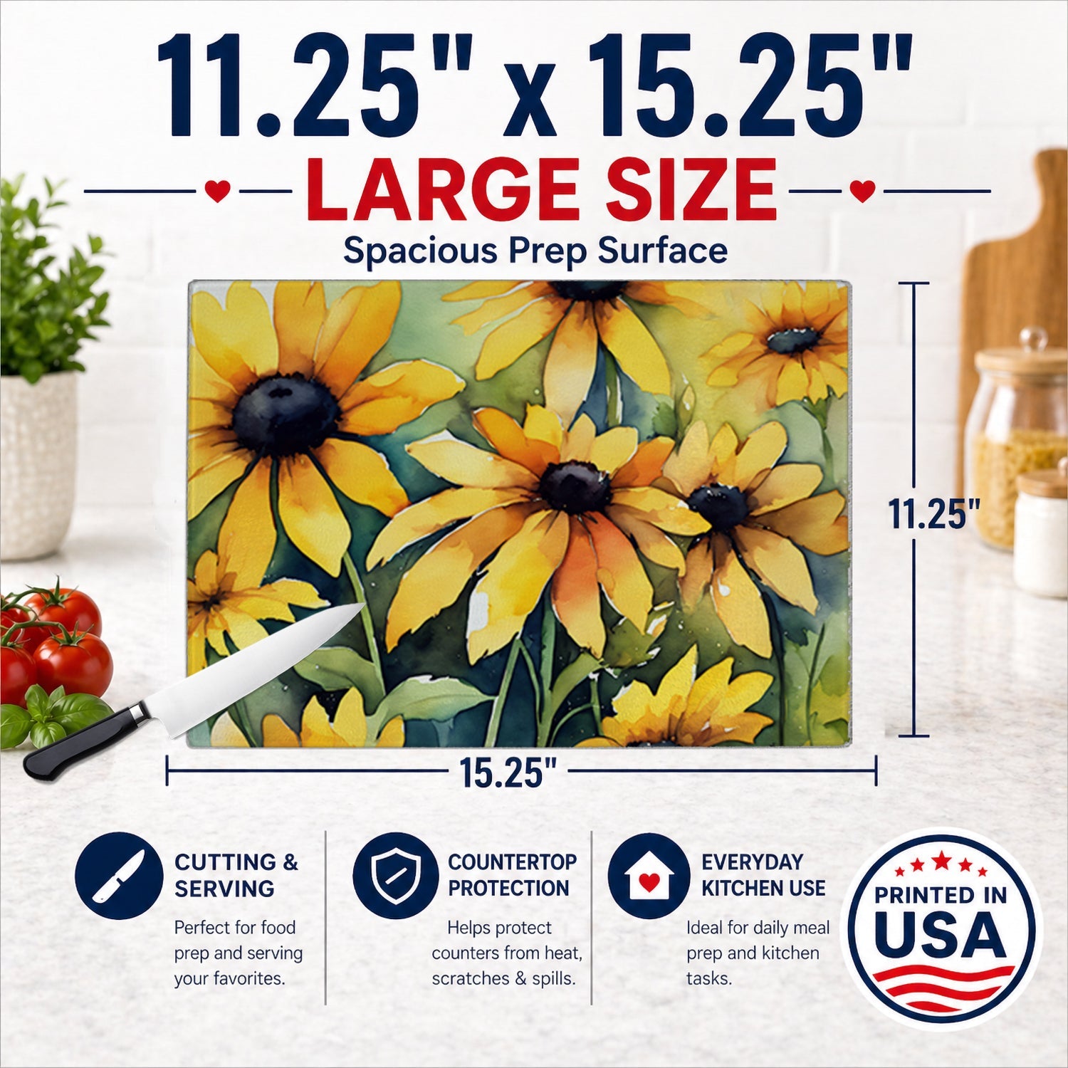Maryland Black-Eyed Susans in Watercolor Cutting Board Tempered Glass Kitchen Cutting Surface, Heat Resistant Chopping, Non-Slip Feet, Food Prep & Serving
