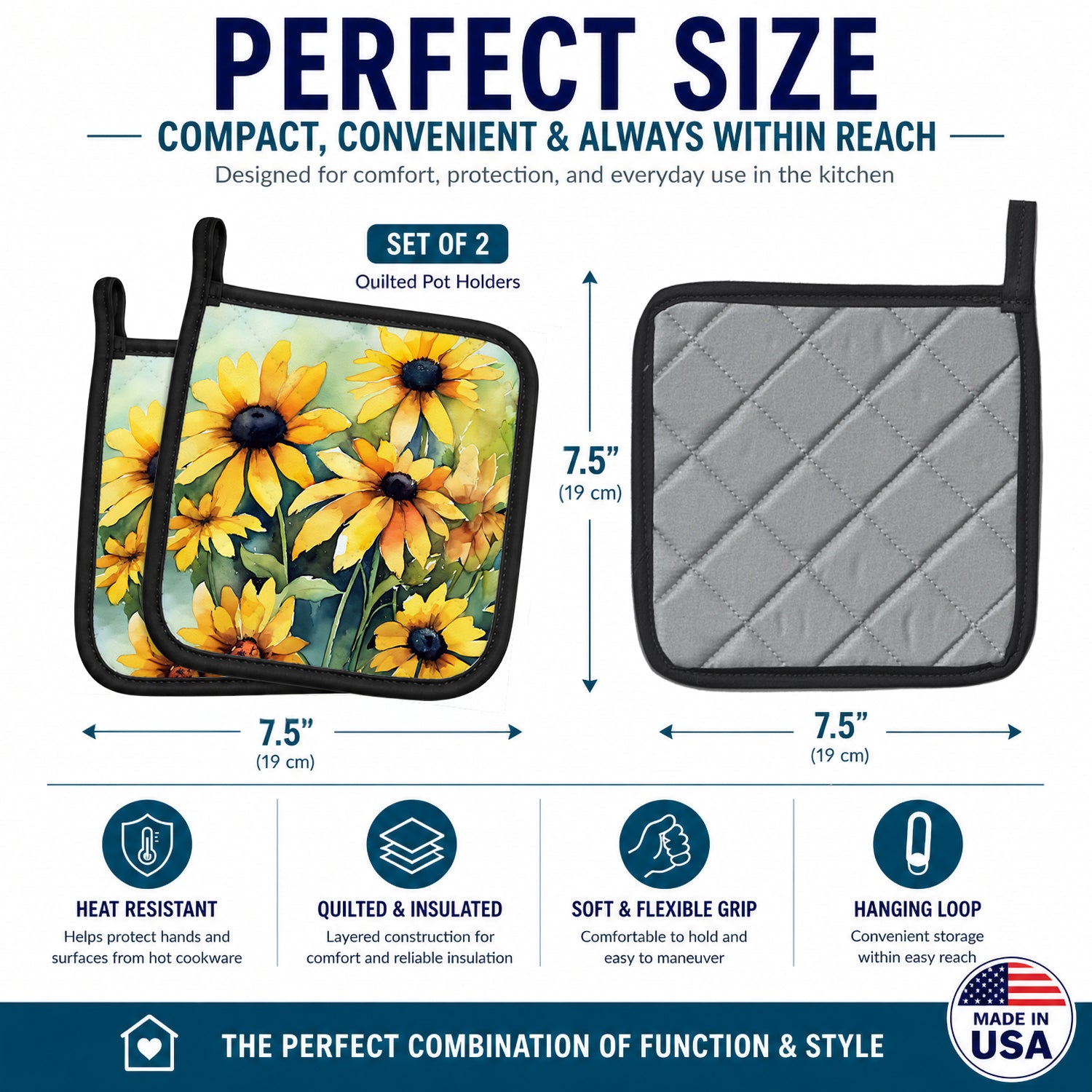 Maryland Black-Eyed Susans in Watercolor Pot Holder Set of 2 Heat Resistant Quilted Hot Pads 7.5 x 7.5 Inch, Insulated Kitchen Trivets for Cooking & Baking