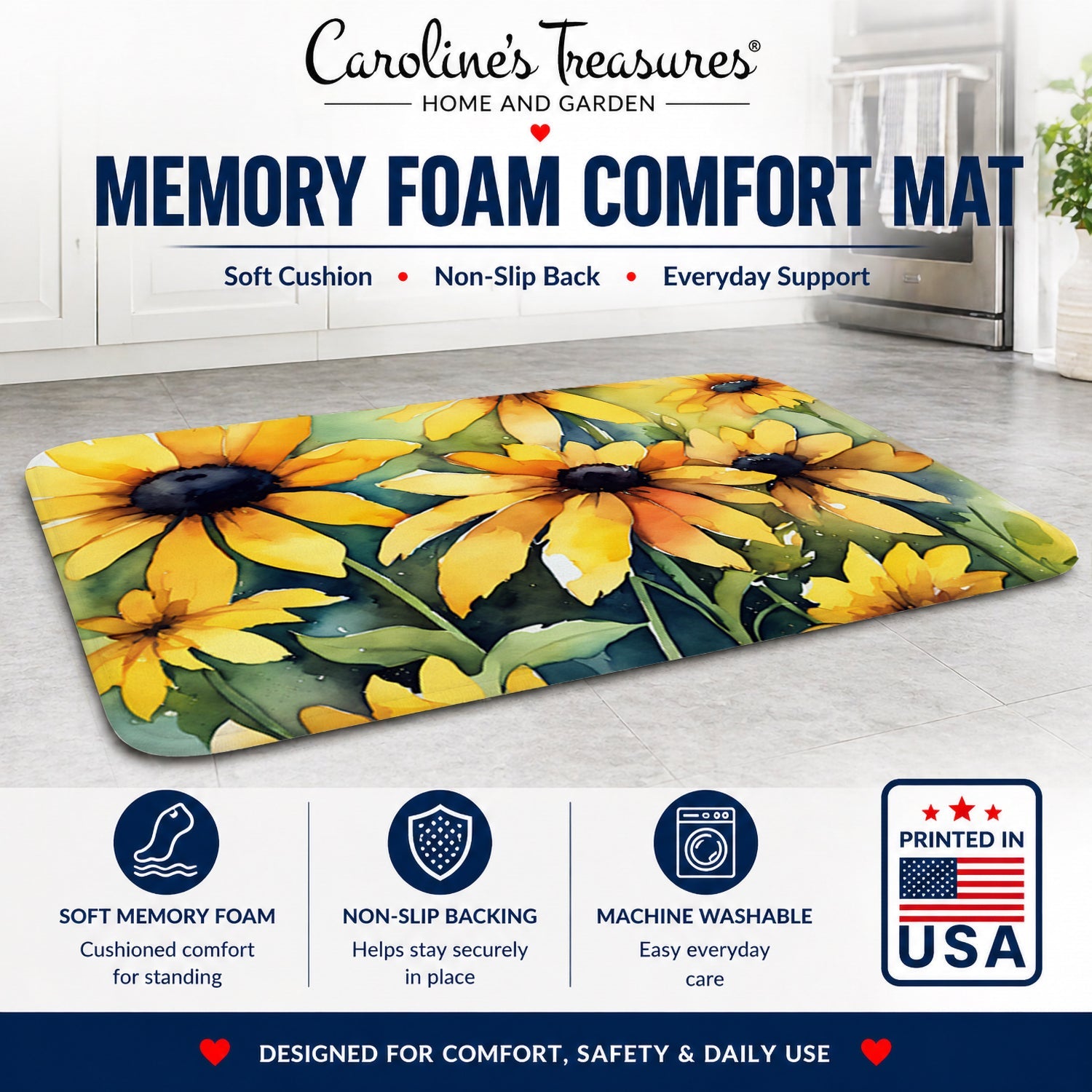Maryland Black-Eyed Susans in Watercolor Memory Foam Kitchen Mat Machine Washable Anti-Fatigue Cushion Comfort Bath or Kitchen Rug