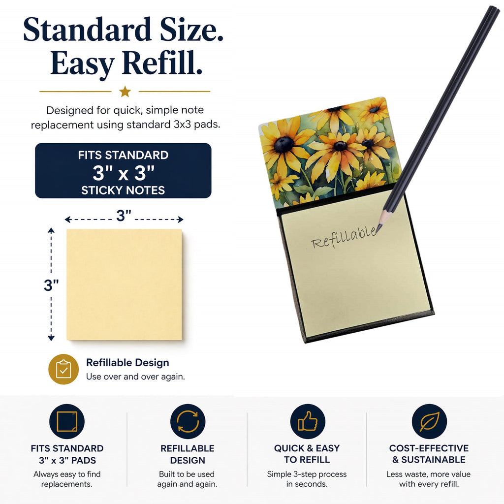 Maryland Black-Eyed Susans in Watercolor Watercolor Sticky Note Holder Refillable Dispenser Desk Accessory 3x3 Pad Gift