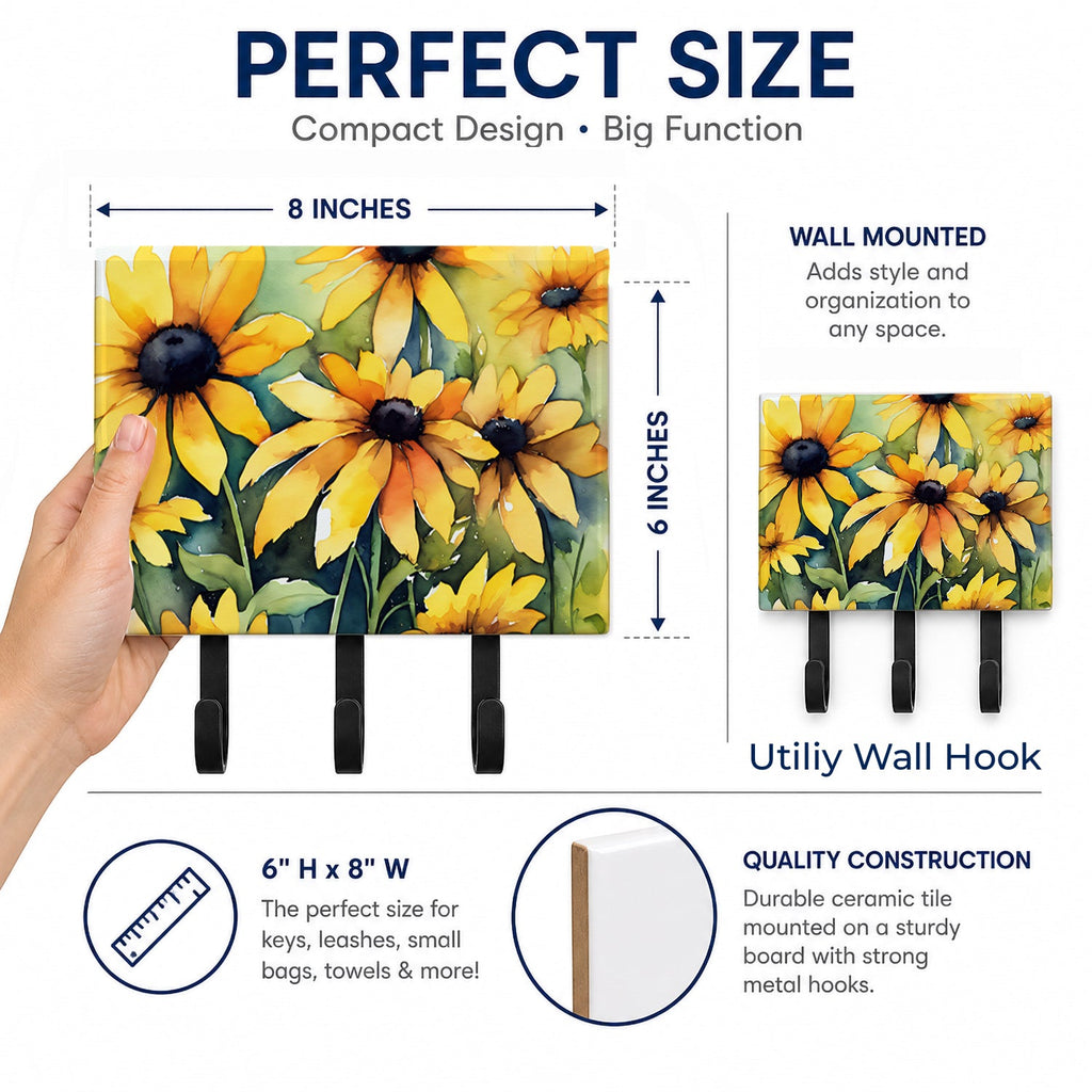 Maryland Black-Eyed Susans in Watercolor Leash or Key Holder Wall Hooks, Coat Rack Wall Mount, for Hanging Keys, Towels, Aprons, Leashes