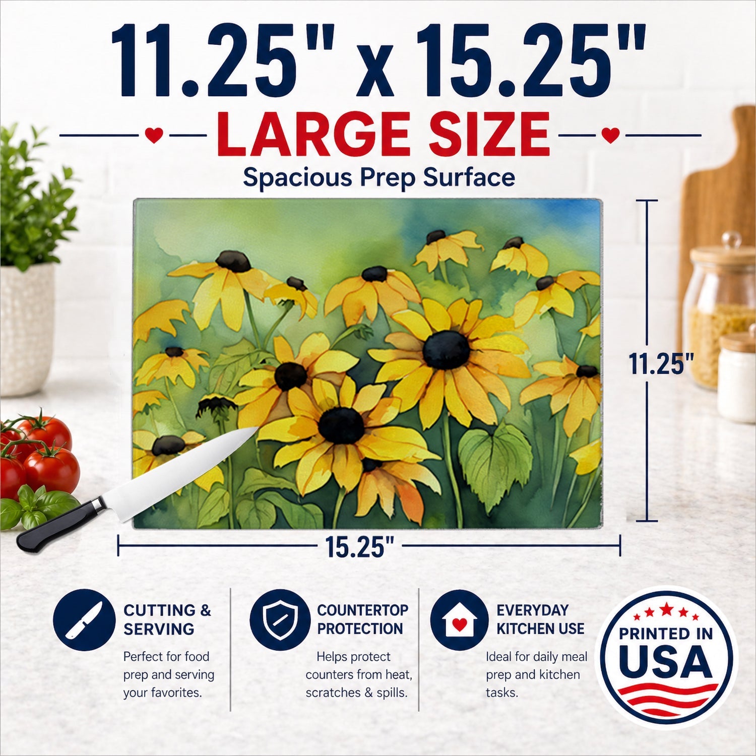 Maryland Black-Eyed Susans in Watercolor Cutting Board Tempered Glass Kitchen Cutting Surface, Heat Resistant Chopping, Non-Slip Feet, Food Prep & Serving