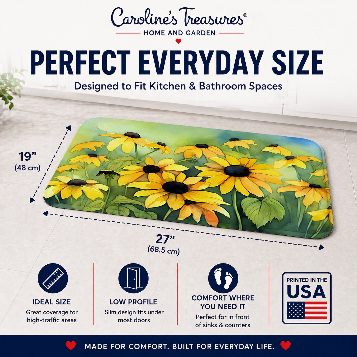Maryland Black-Eyed Susans in Watercolor Memory Foam Kitchen Mat Machine Washable Anti-Fatigue Cushion Comfort Bath or Kitchen Rug