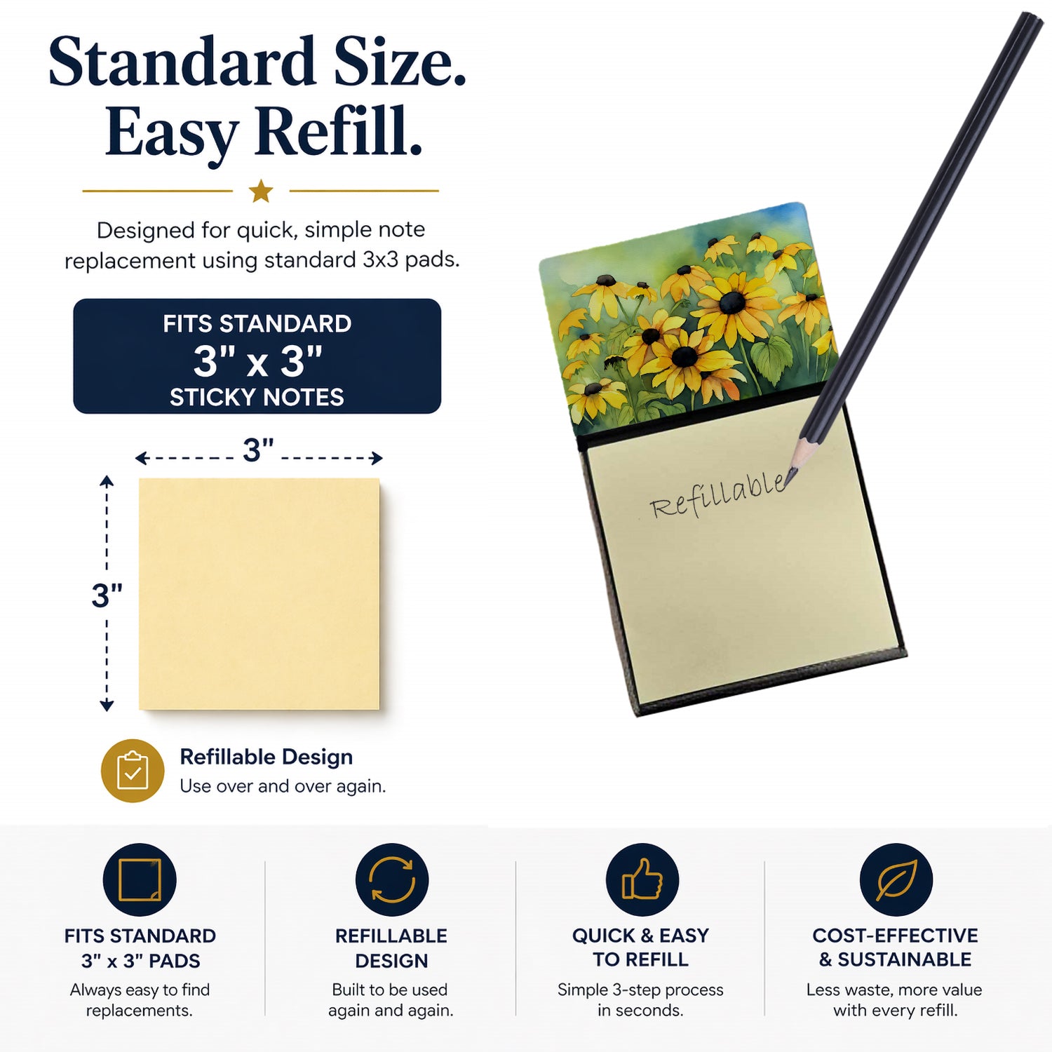 Maryland Black-Eyed Susans in Watercolor Watercolor Sticky Note Holder Refillable Dispenser Desk Accessory 3x3 Pad Gift