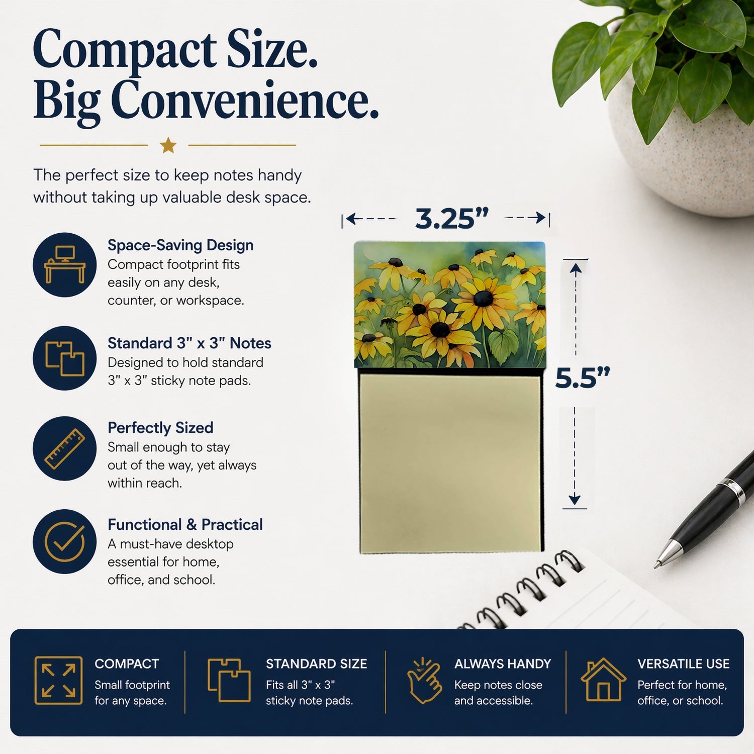 Maryland Black-Eyed Susans in Watercolor Watercolor Sticky Note Holder Refillable Dispenser Desk Accessory 3x3 Pad Gift