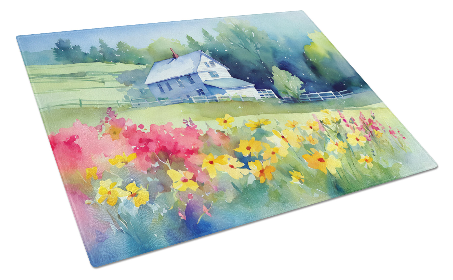 Massachusetts Mayflowers in Watercolor Cutting Board Tempered Glass Kitchen Cutting Surface, Heat Resistant Chopping, Non-Slip Feet, Food Prep & Serving