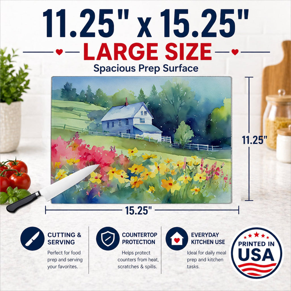 Massachusetts Mayflowers in Watercolor Cutting Board Tempered Glass Kitchen Cutting Surface, Heat Resistant Chopping, Non-Slip Feet, Food Prep & Serving