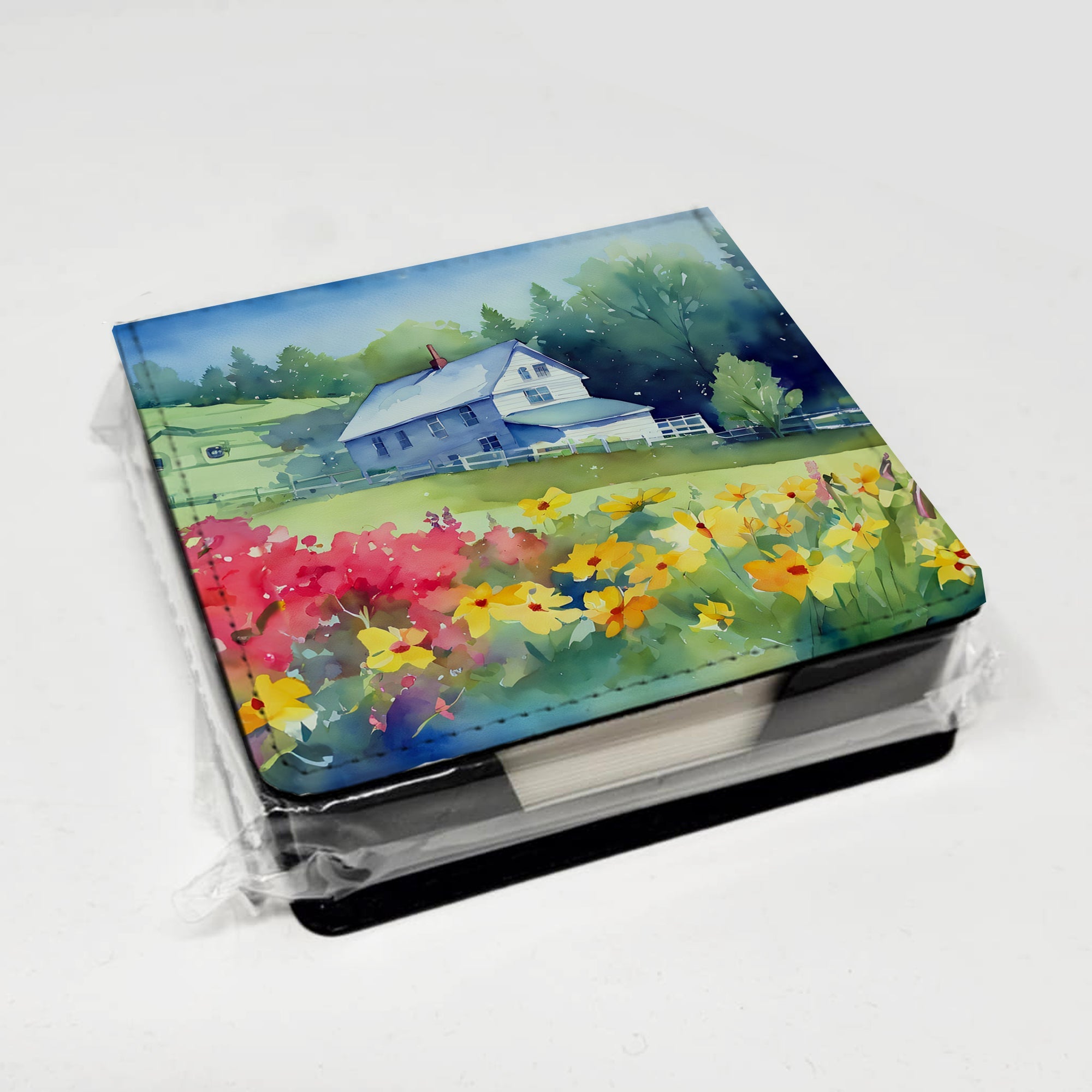 Massachusetts Mayflowers in Watercolor PU Leather Note Paper Holder with Artist-Designed Cover, Desk Accessory, Office Gift