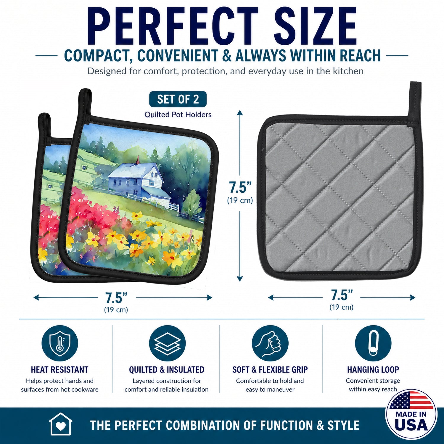 Massachusetts Mayflowers in Watercolor Pot Holder Set of 2 Heat Resistant Quilted Hot Pads 7.5 x 7.5 Inch, Insulated Kitchen Trivets for Cooking & Baking