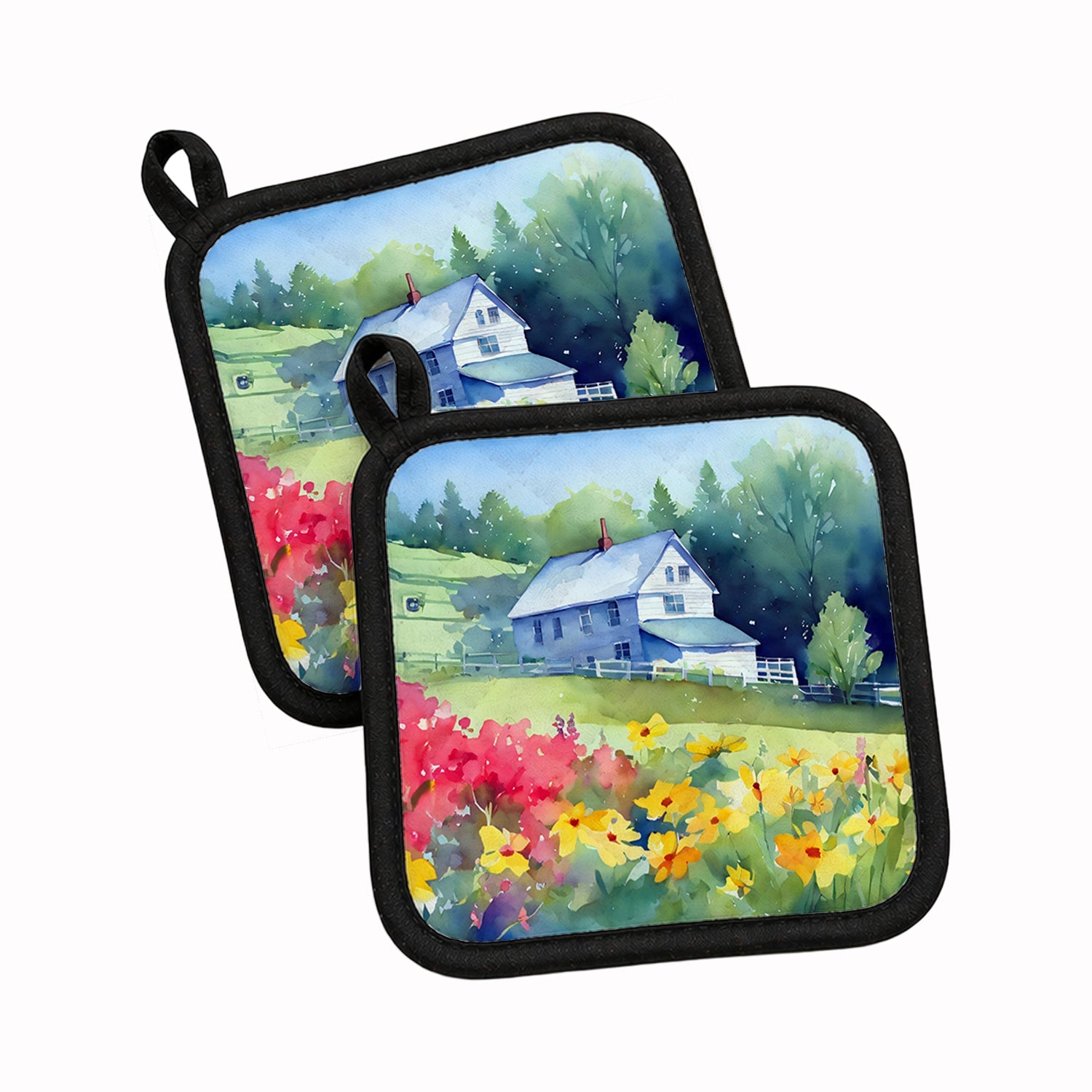 Massachusetts Mayflowers in Watercolor Pot Holder Set of 2 Heat Resistant Quilted Hot Pads 7.5 x 7.5 Inch, Insulated Kitchen Trivets for Cooking & Baking