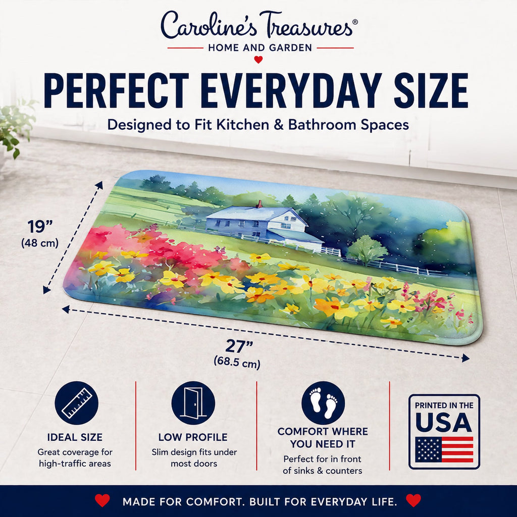 Massachusetts Mayflowers in Watercolor Memory Foam Kitchen Mat Machine Washable Anti-Fatigue Cushion Comfort Bath or Kitchen Rug