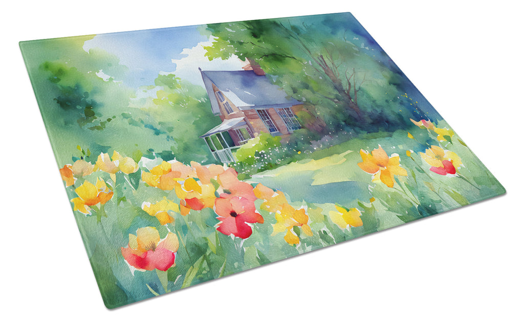 Massachusetts Mayflowers in Watercolor Cutting Board Tempered Glass Kitchen Cutting Surface, Heat Resistant Chopping, Non-Slip Feet, Food Prep & Serving