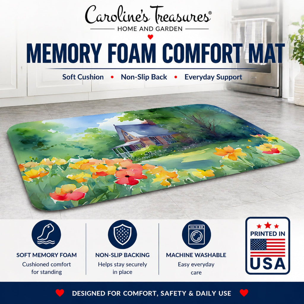 Massachusetts Mayflowers in Watercolor Memory Foam Kitchen Mat Machine Washable Anti-Fatigue Cushion Comfort Bath or Kitchen Rug