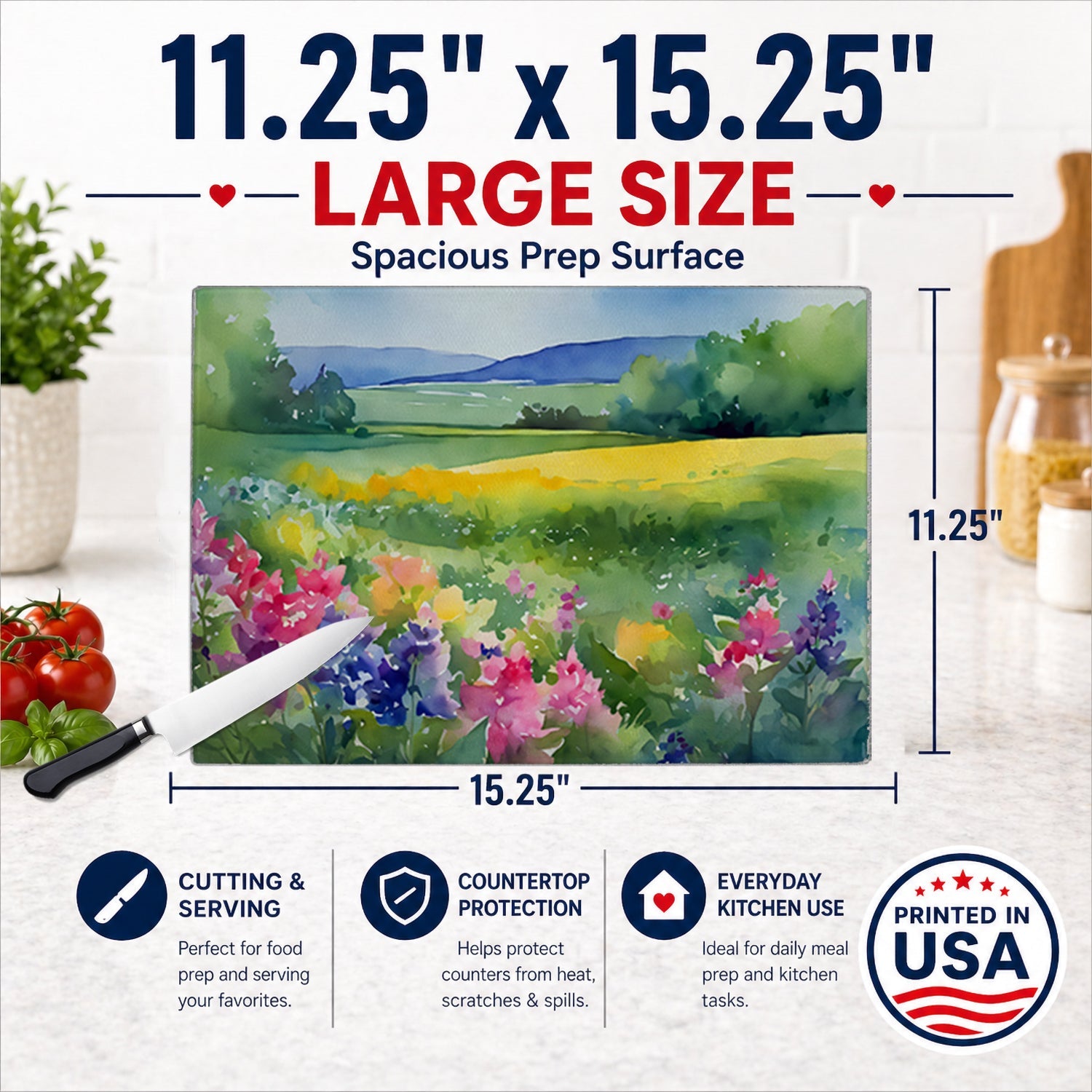 Massachusetts Mayflowers in Watercolor Cutting Board Tempered Glass Kitchen Cutting Surface, Heat Resistant Chopping, Non-Slip Feet, Food Prep & Serving