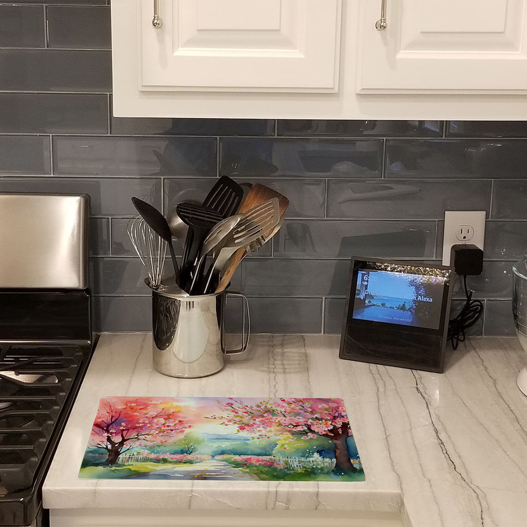 Michigan Apple Blossoms in Watercolor Cutting Board Tempered Glass Kitchen Cutting Surface, Heat Resistant Chopping, Non-Slip Feet, Food Prep & Serving