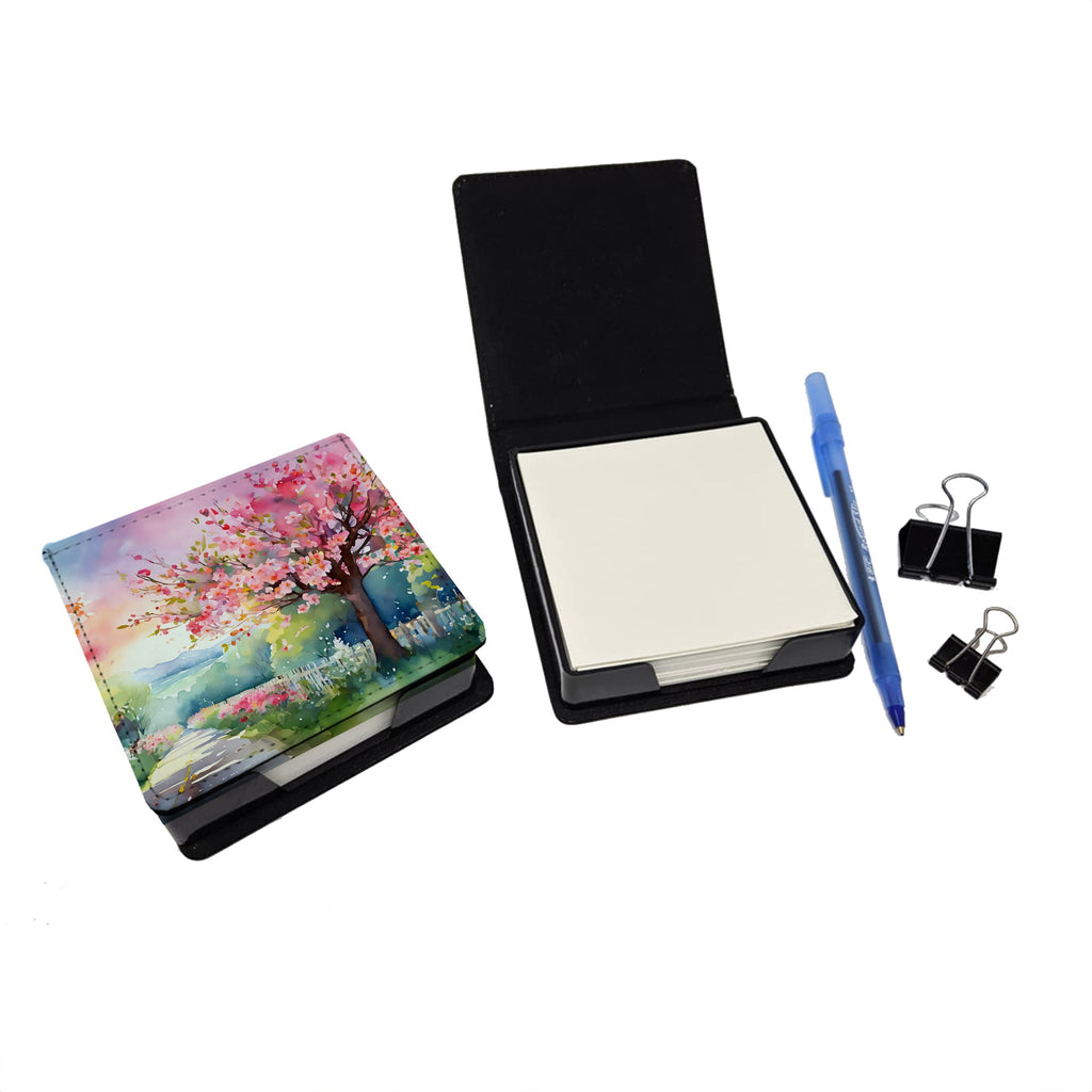 Michigan Apple Blossoms in Watercolor PU Leather Note Paper Holder with Artist-Designed Cover, Desk Accessory, Office Gift
