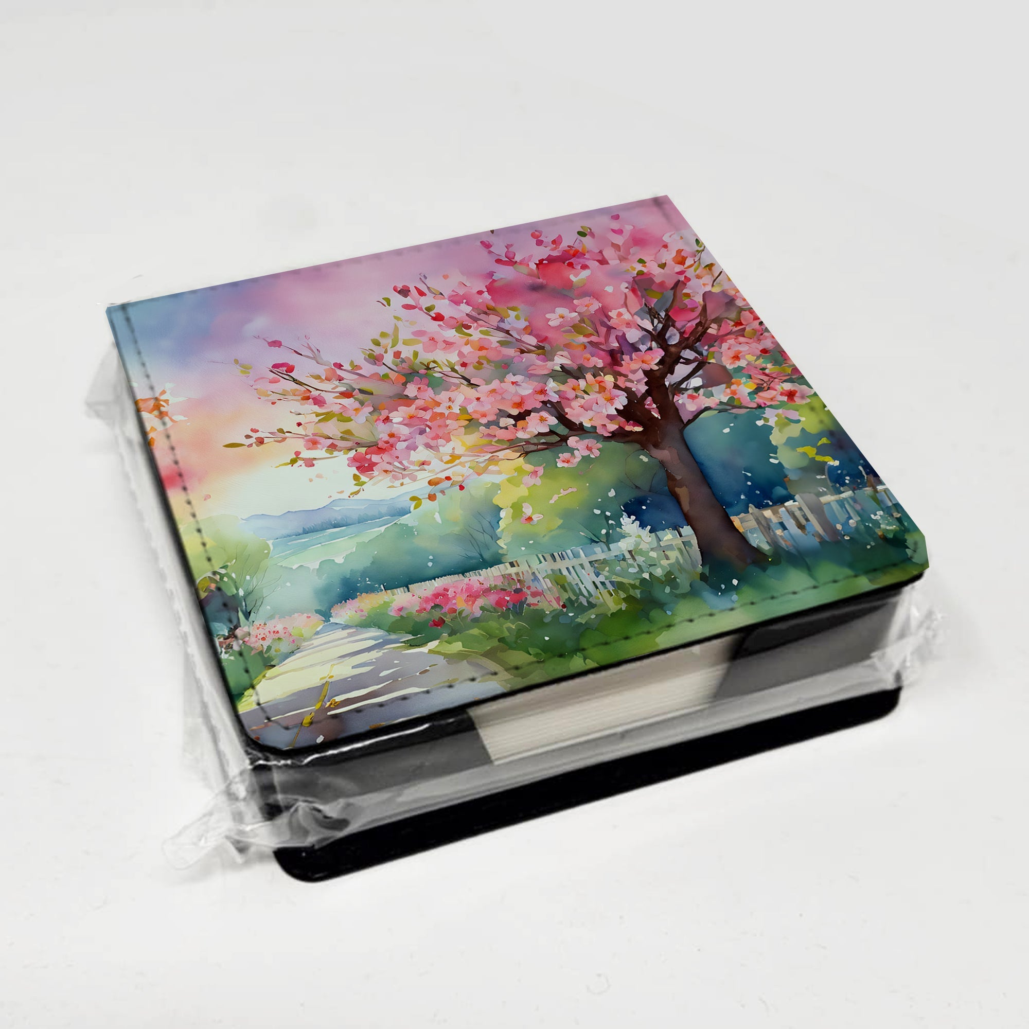 Michigan Apple Blossoms in Watercolor PU Leather Note Paper Holder with Artist-Designed Cover, Desk Accessory, Office Gift