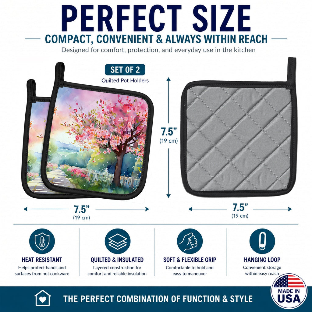 Michigan Apple Blossoms in Watercolor Pot Holder Set of 2 Heat Resistant Quilted Hot Pads 7.5 x 7.5 Inch, Insulated Kitchen Trivets for Cooking & Baking