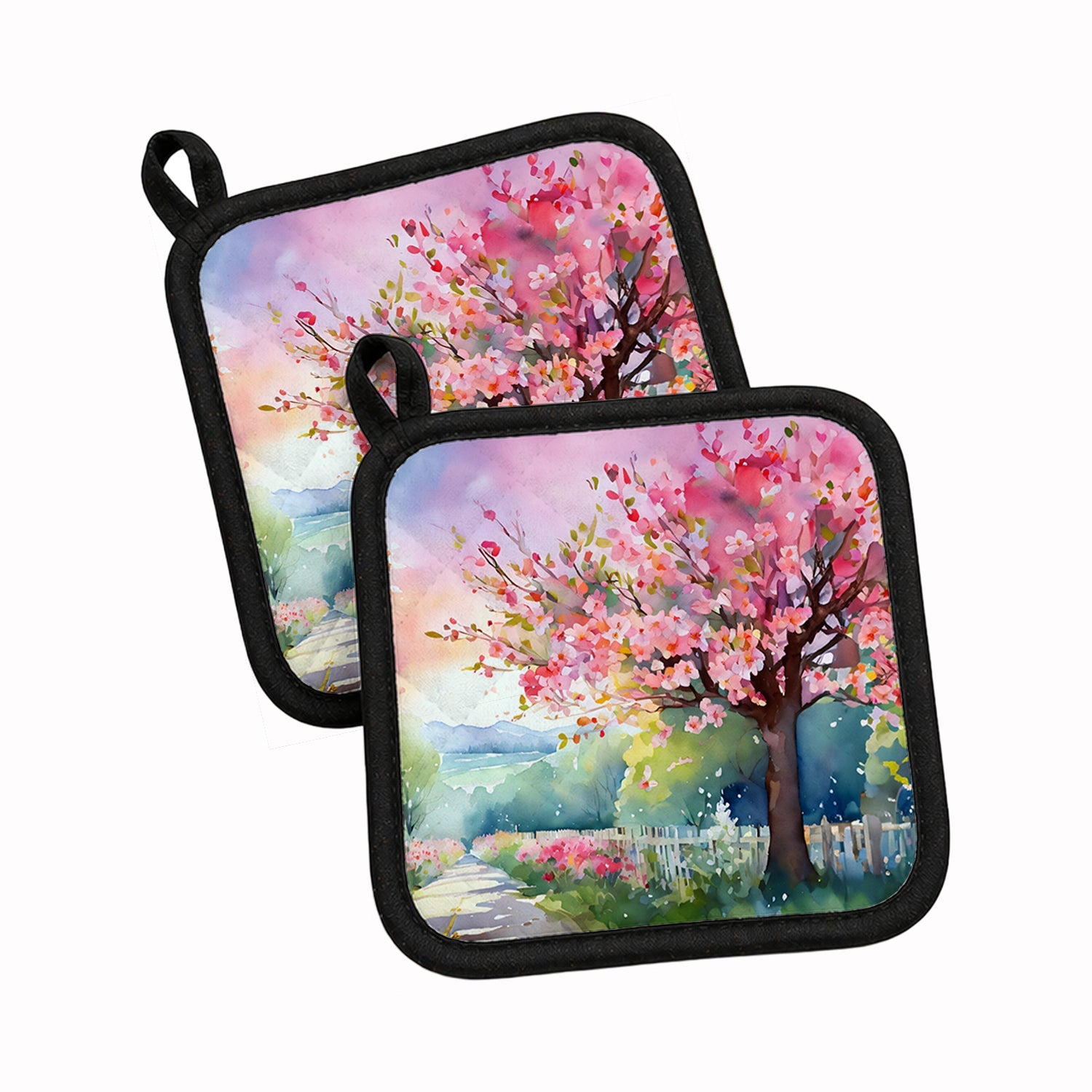 Michigan Apple Blossoms in Watercolor Pot Holder Set of 2 Heat Resistant Quilted Hot Pads 7.5 x 7.5 Inch, Insulated Kitchen Trivets for Cooking & Baking