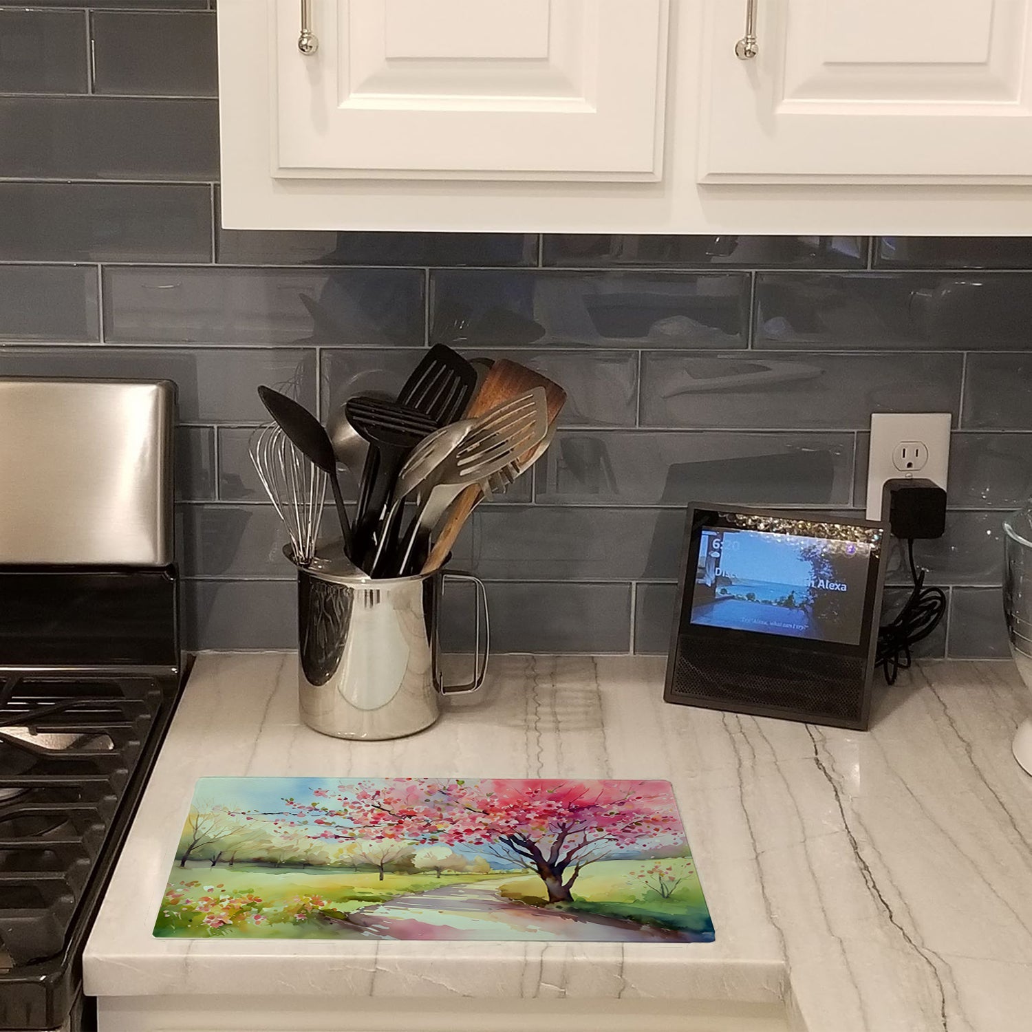 Michigan Apple Blossoms in Watercolor Cutting Board Tempered Glass Kitchen Cutting Surface, Heat Resistant Chopping, Non-Slip Feet, Food Prep & Serving
