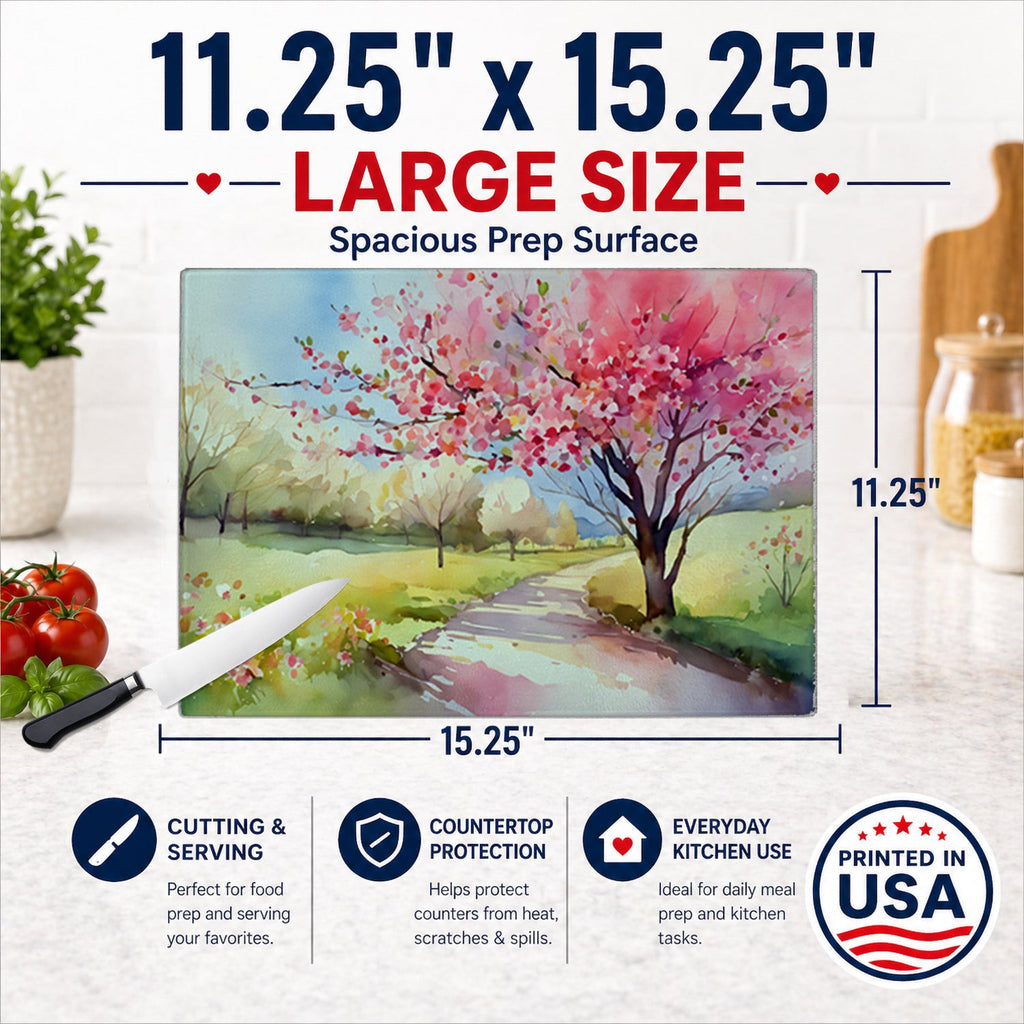 Michigan Apple Blossoms in Watercolor Cutting Board Tempered Glass Kitchen Cutting Surface, Heat Resistant Chopping, Non-Slip Feet, Food Prep & Serving