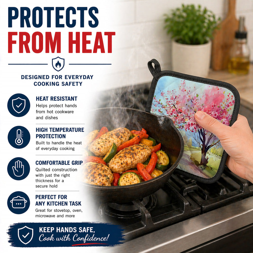Michigan Apple Blossoms in Watercolor Pot Holder Set of 2 Heat Resistant Quilted Hot Pads 7.5 x 7.5 Inch, Insulated Kitchen Trivets for Cooking & Baking