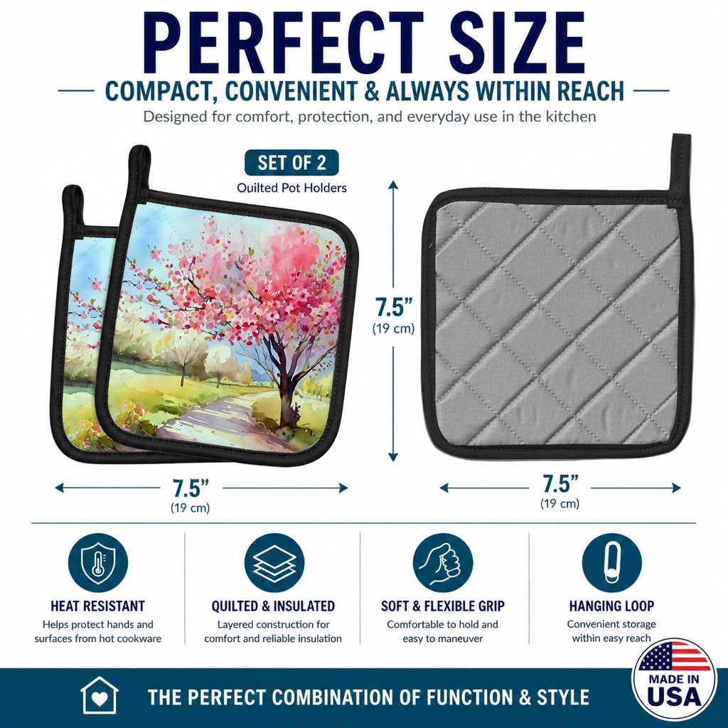 Michigan Apple Blossoms in Watercolor Pot Holder Set of 2 Heat Resistant Quilted Hot Pads 7.5 x 7.5 Inch, Insulated Kitchen Trivets for Cooking & Baking